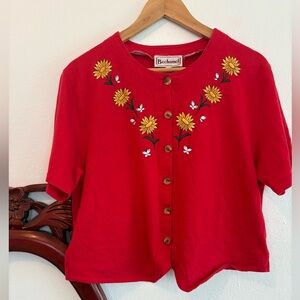Women’s Vintage Bechamel Red Button-Front Top with Yellow Floral Embroidery